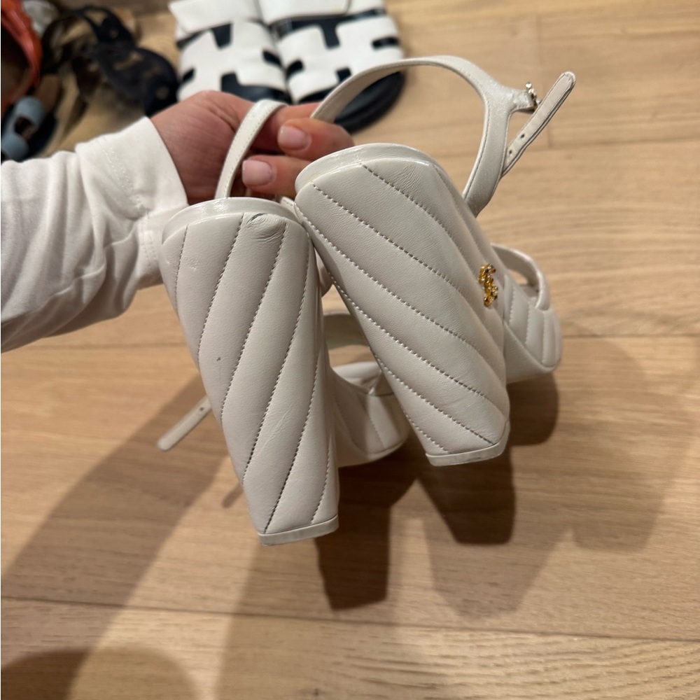 CHANEL Cream Quilted Platform Sandals - Picture 4 of 6